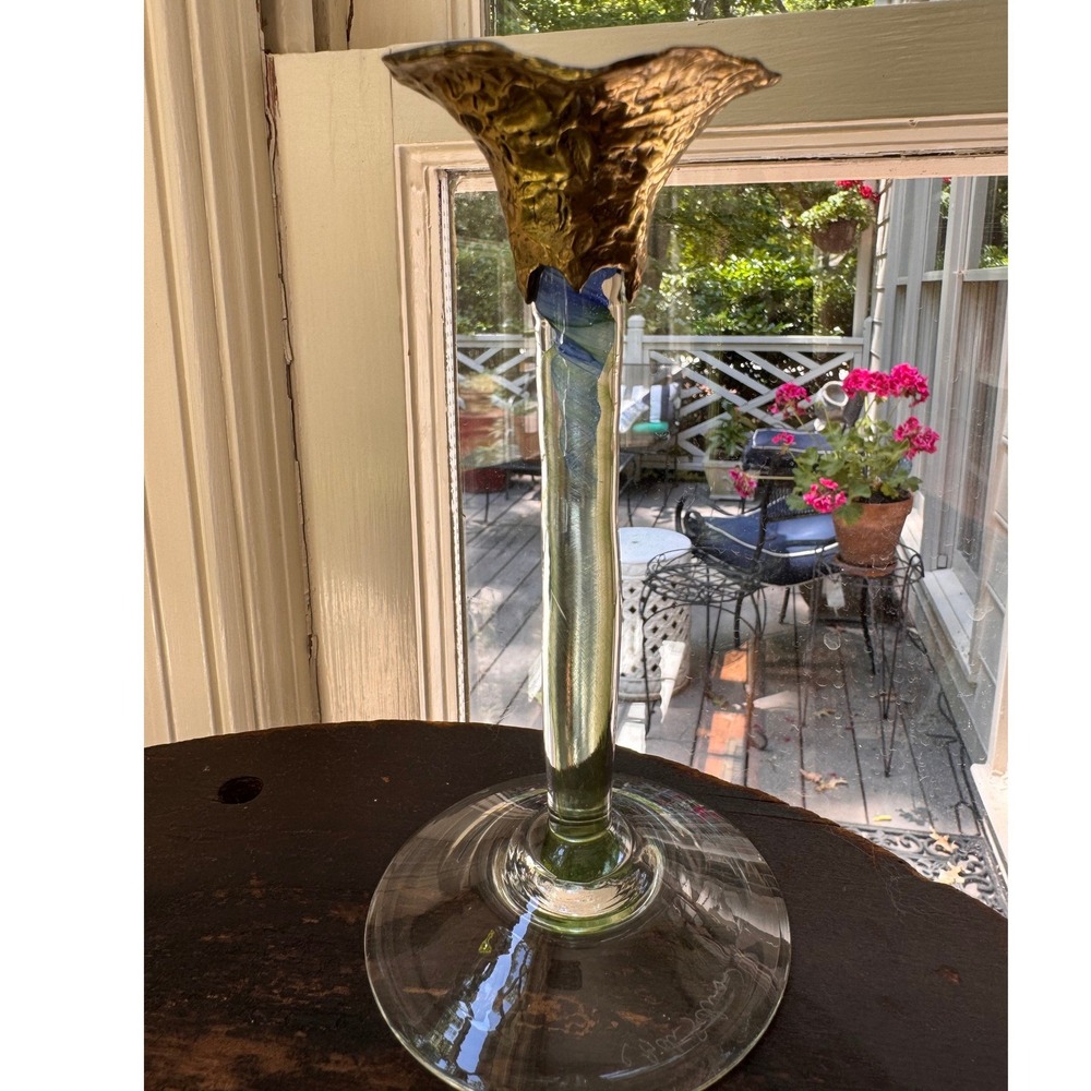 E. Bak Selvig Signed Studio Art Glass Candlestick Brutalist Mixed Media